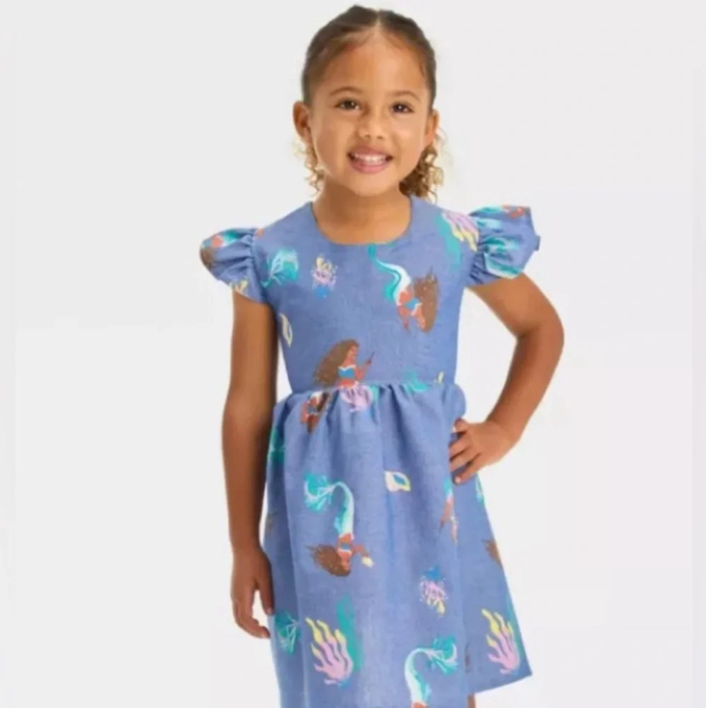 NWT Disney’s The Little Mermaid Light Blue Girl’s Dress With Elastic Waist Bow